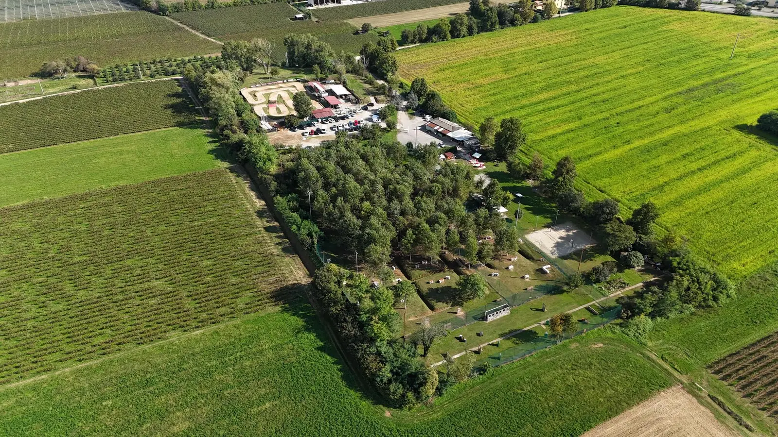 Aerial view of the paintball field in Franciacorta