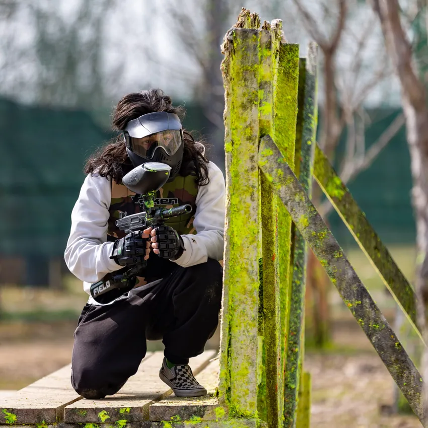 A player crouching, ready to shoot